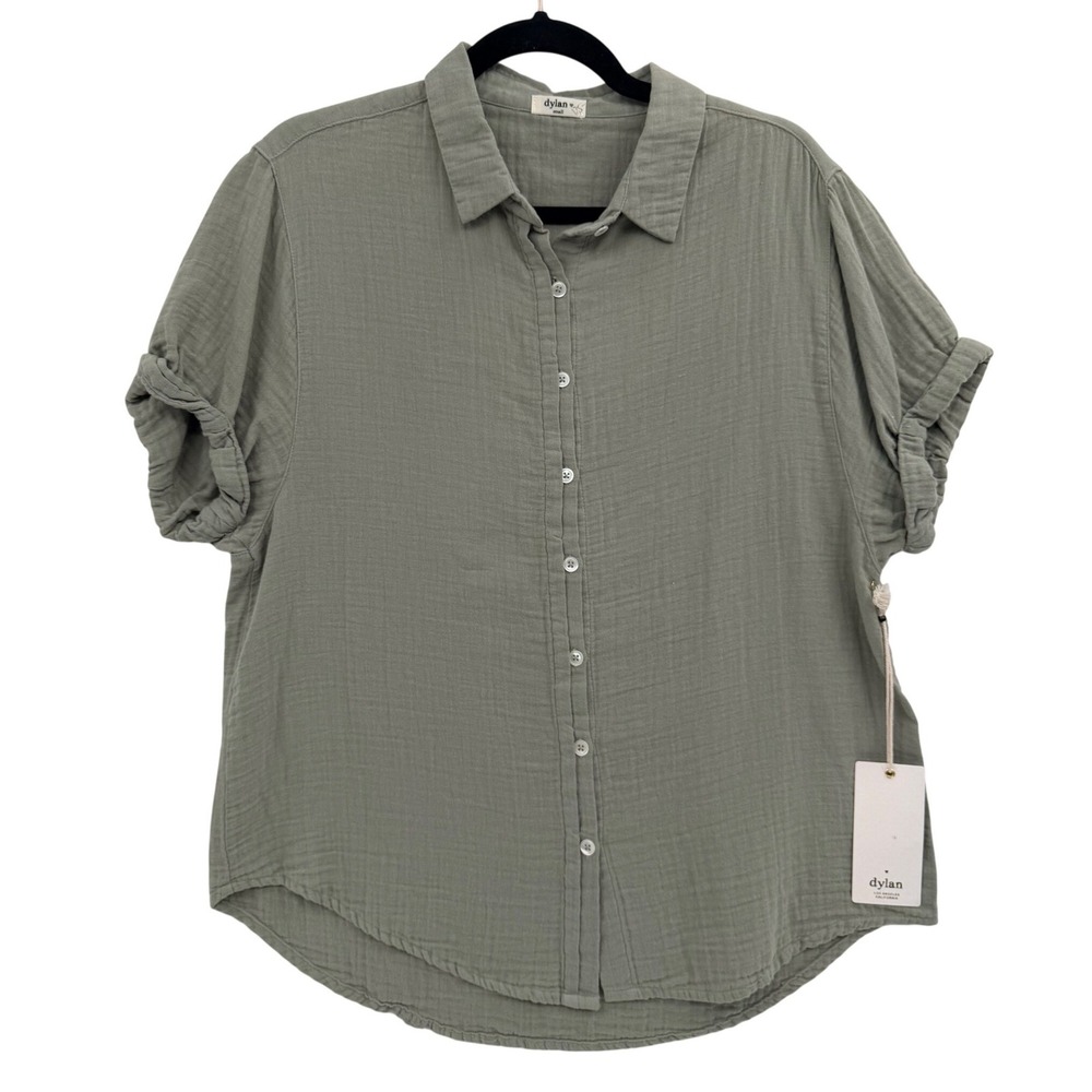 NWT Dylan Button Up Gauze Cotton Shirt Small Sage Green Rolled Sleeves Relaxed